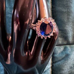 Blue and White CZ princess cocktail ring sz 6